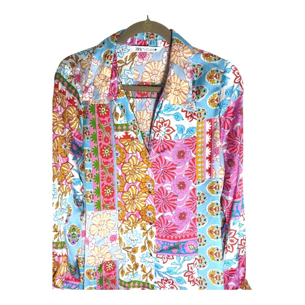 Zara Patchwork Mix Media Print‎ Button Front Silk… - image 2
